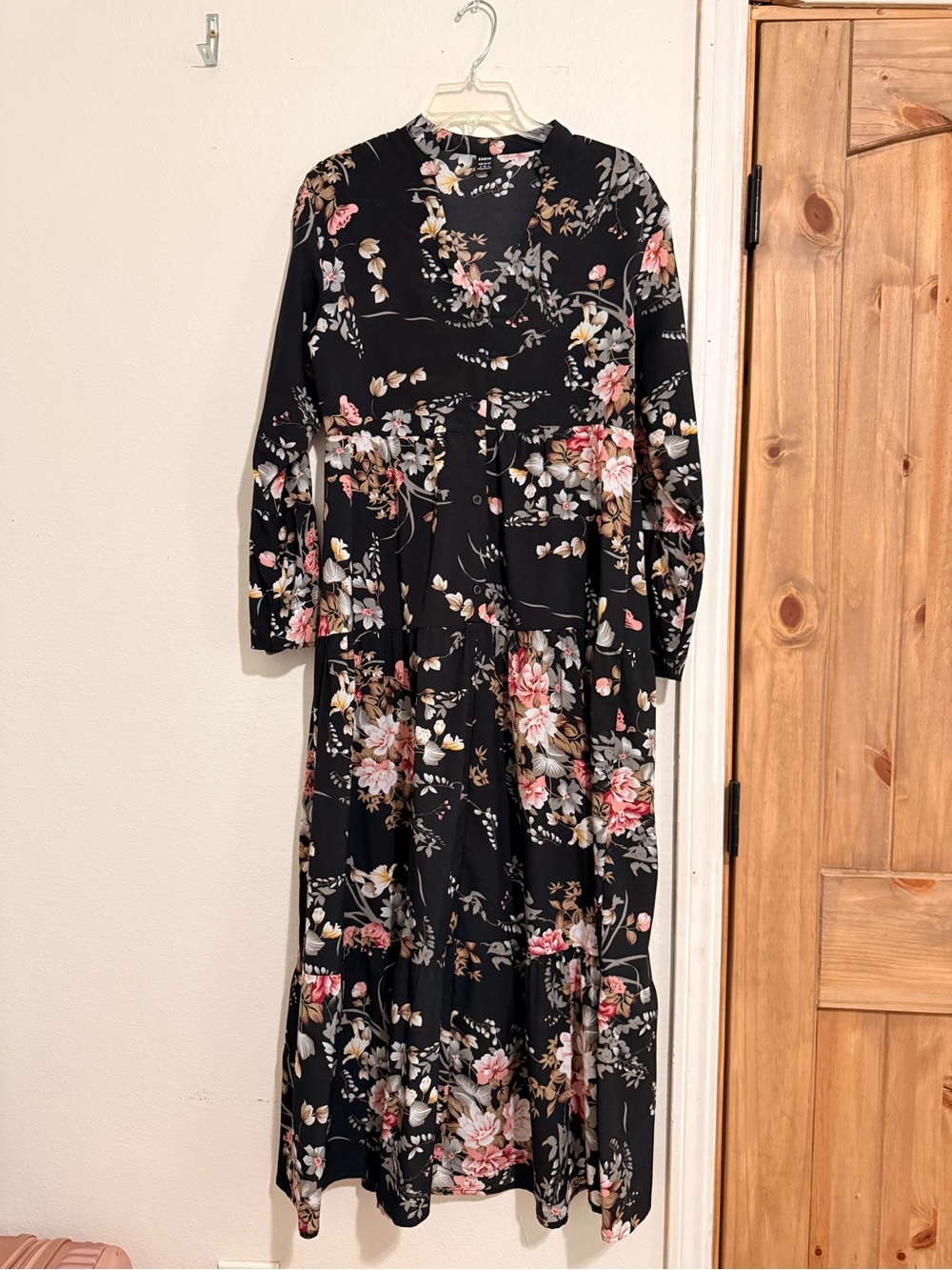 SHEIN Black Floral Long Sleeve Tiered Maxi Dress